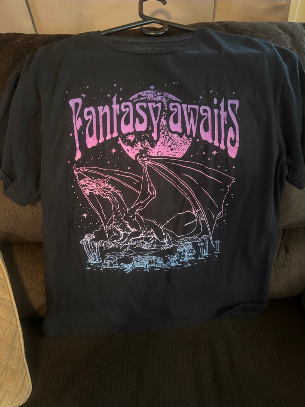 Hot Topic Black Graphic Tee - Pink & Blue Dragon "Fantasy Awaits"